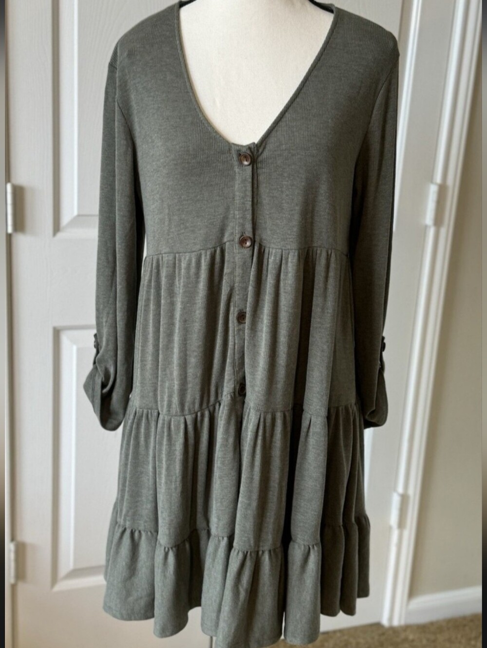 Altar'd State Olive Green Tiered Button-Front Mini 3/4 Sleeve Dress - Picture 1 of 7